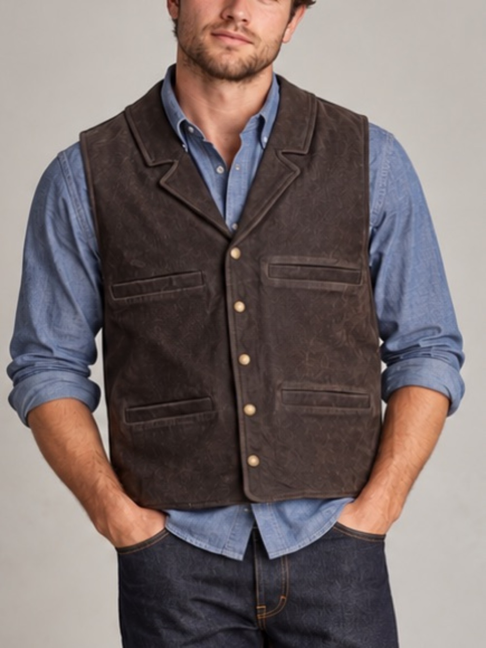 Wyoming Traders Buffalo Leather Vest Chocolate Brown Snaps Men's Size Large